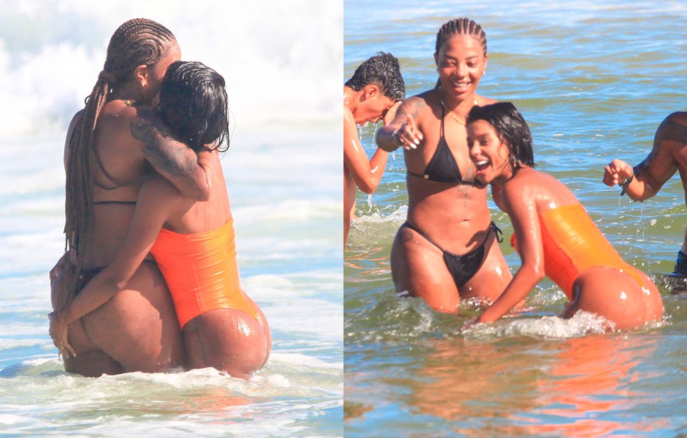 Ludmilla e Brunna Gonçalves beijam muito em dia de praia com os
