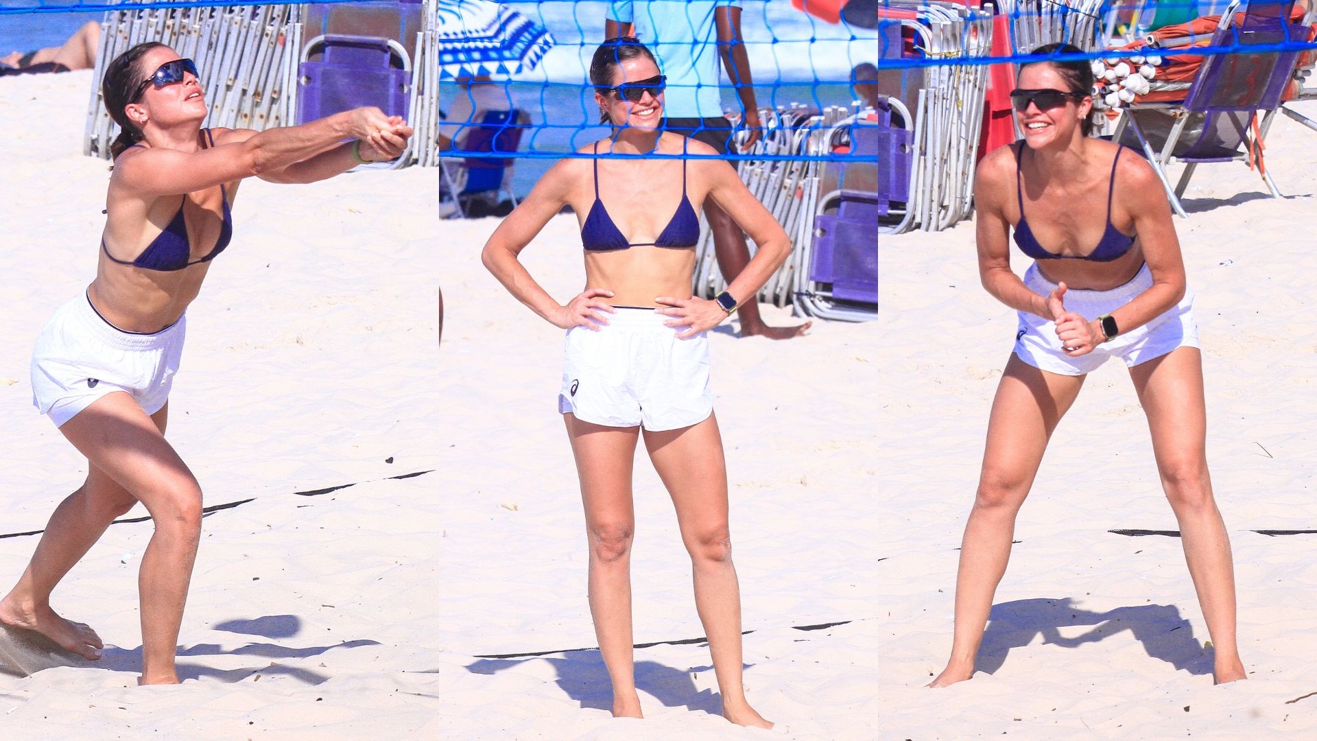 Agatha Moreira aproveita segunda-feira ensolarada para jogar vôlei de praia no Rio