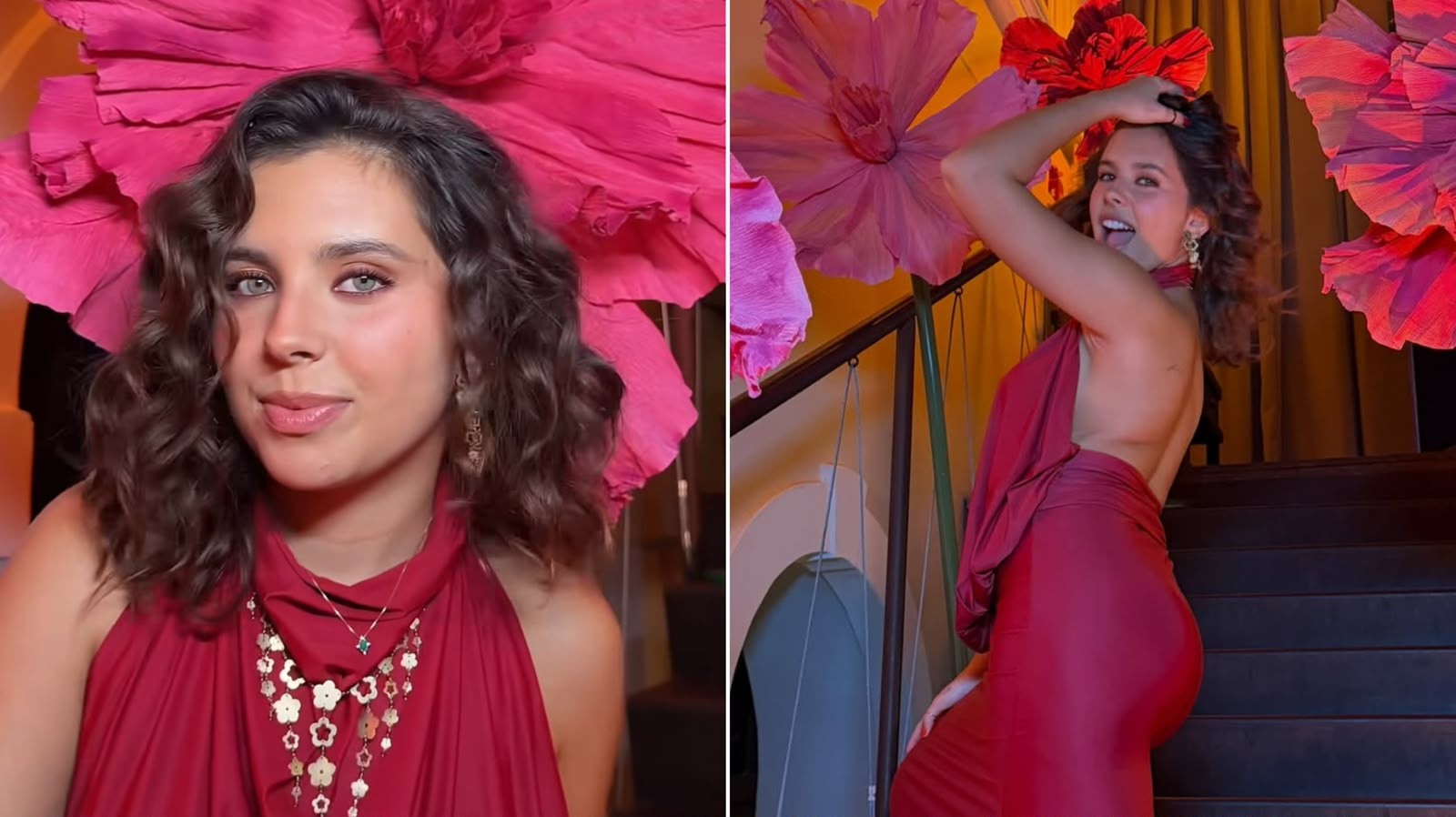 Flor Gil em evento, sorrindo, com fundo colorido