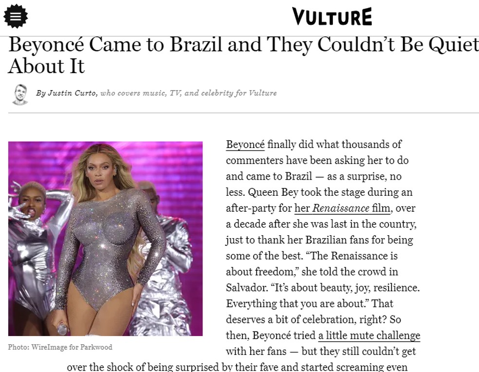 Passagem de Beyoncé pelo Brasil repercute na mídia internacional — Foto: Vulture