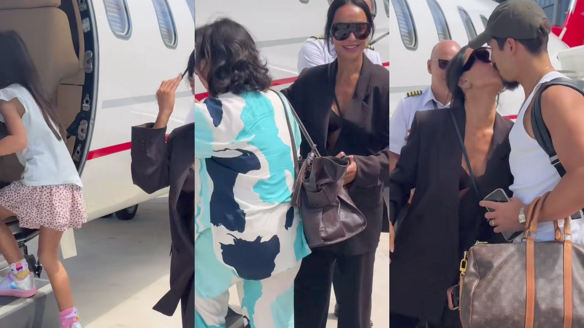 Sabrina Sato embarca em jatinho com Nicolas Prattes e Zoe para desfilar pela Vila Isabel