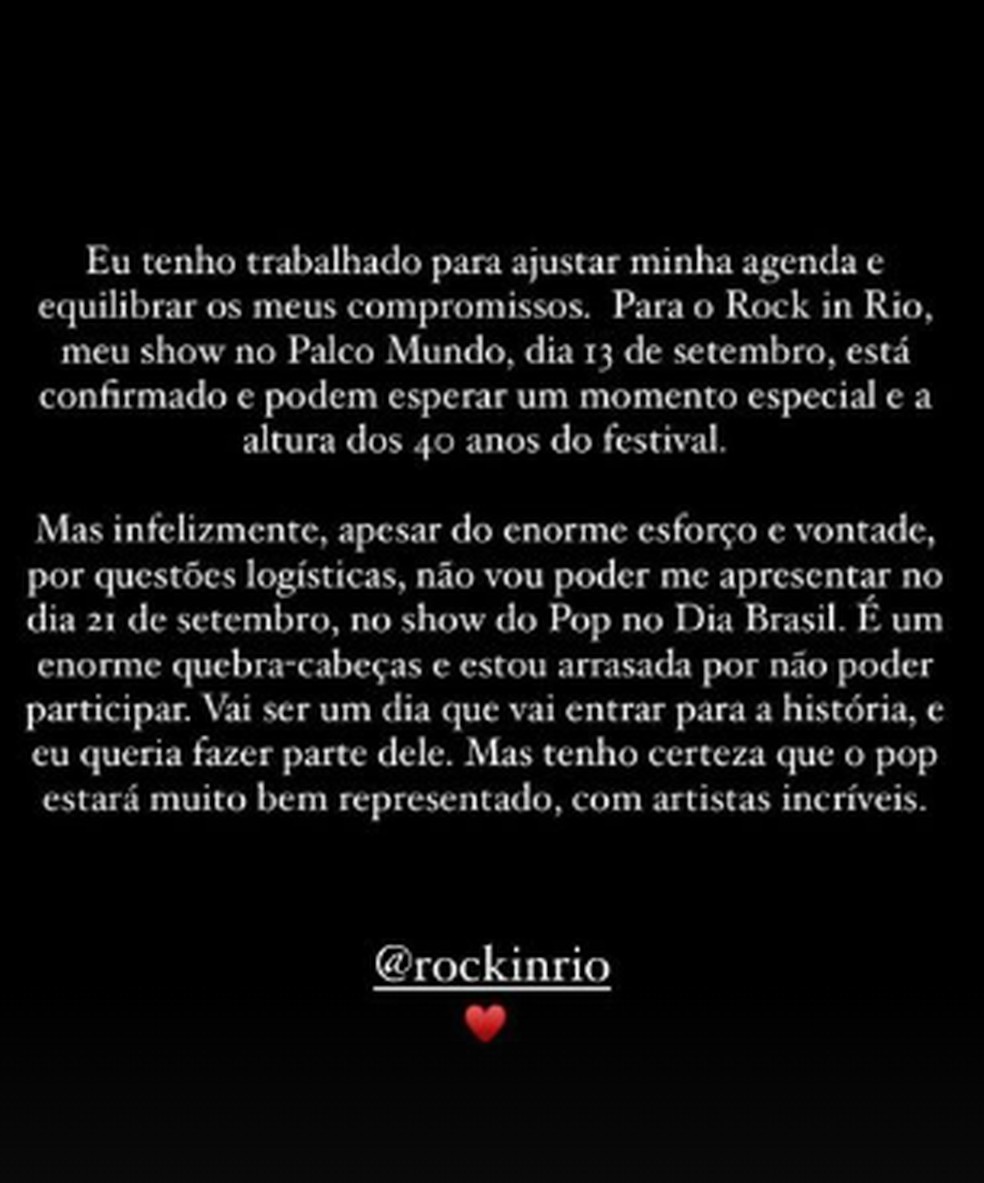 Comunicado de Ludmilla — Foto: Reprodução Instagram