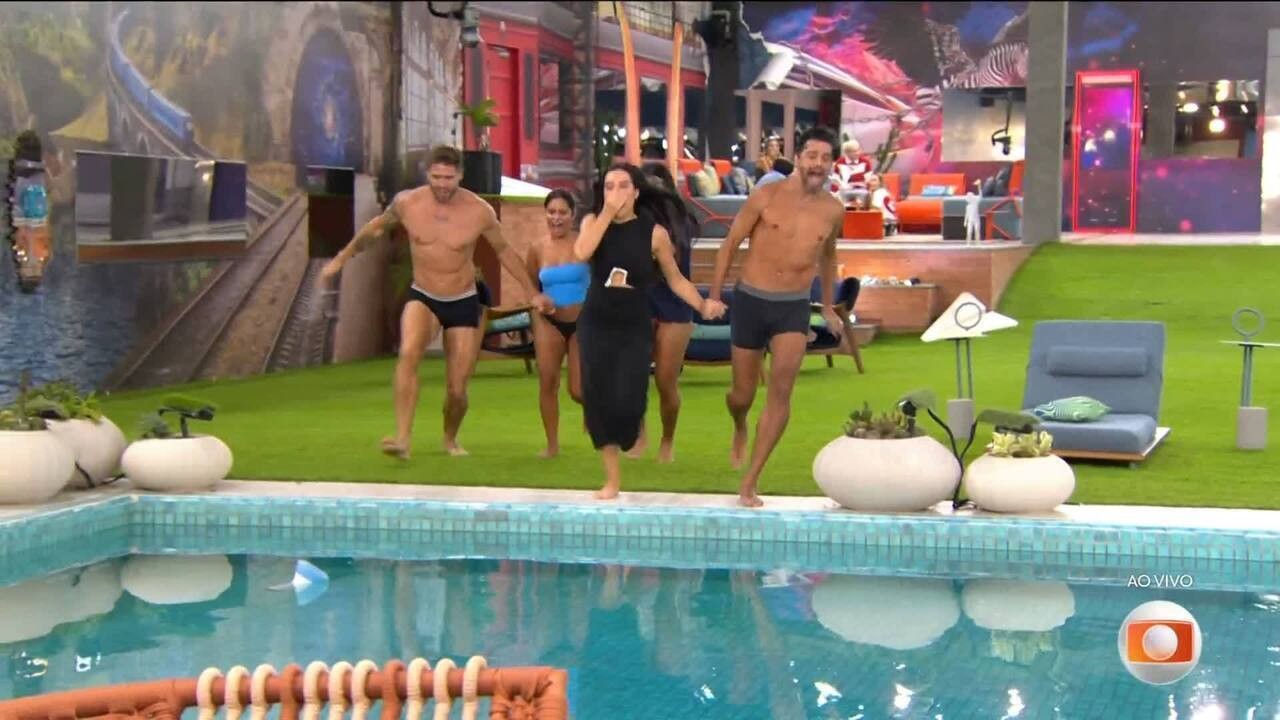 Após Eliminação Falsa, Jordana e Alberto Cowboy pulam na piscina com aliados
