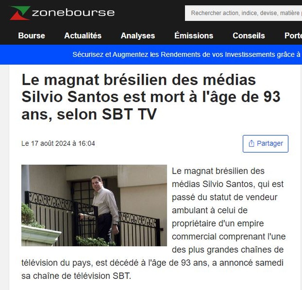 Morte de Silvio Santos repercute na imprensa internacional — Foto: Reprodução