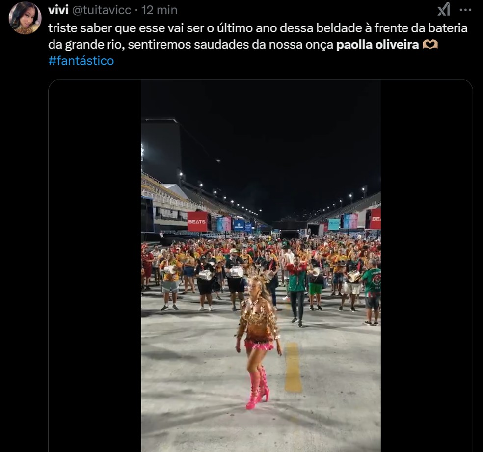 Paolla Oliveira anuncia despedida do posto de Rainha de Bateria da Grande Rio — Foto: Reprodução/X