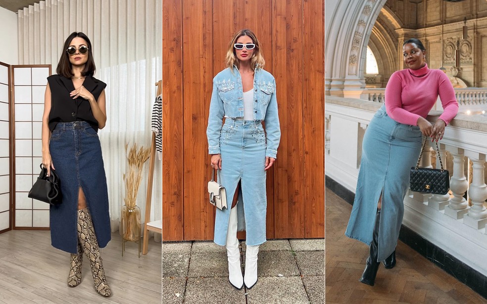 Saia jeans e bota cano alto online