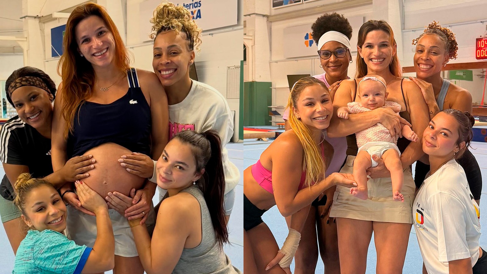 Jade Barbosa recria foto com as amigas ginastas e a filha: 'Nova integrante da equipe'