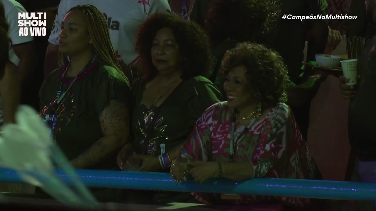 Alcione assiste desfile da Mangueira na grade de camarote na Sapucaí