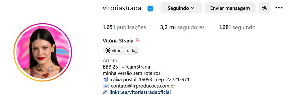 Perfil de Vitória Strada após 2 meses de programa — Foto: Reprodução / Instagram