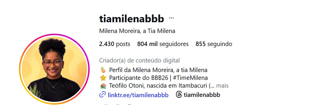 Veja quantos seguidores Milena, do BBB 26, tem atualmente — Foto: reprodução/Instagram