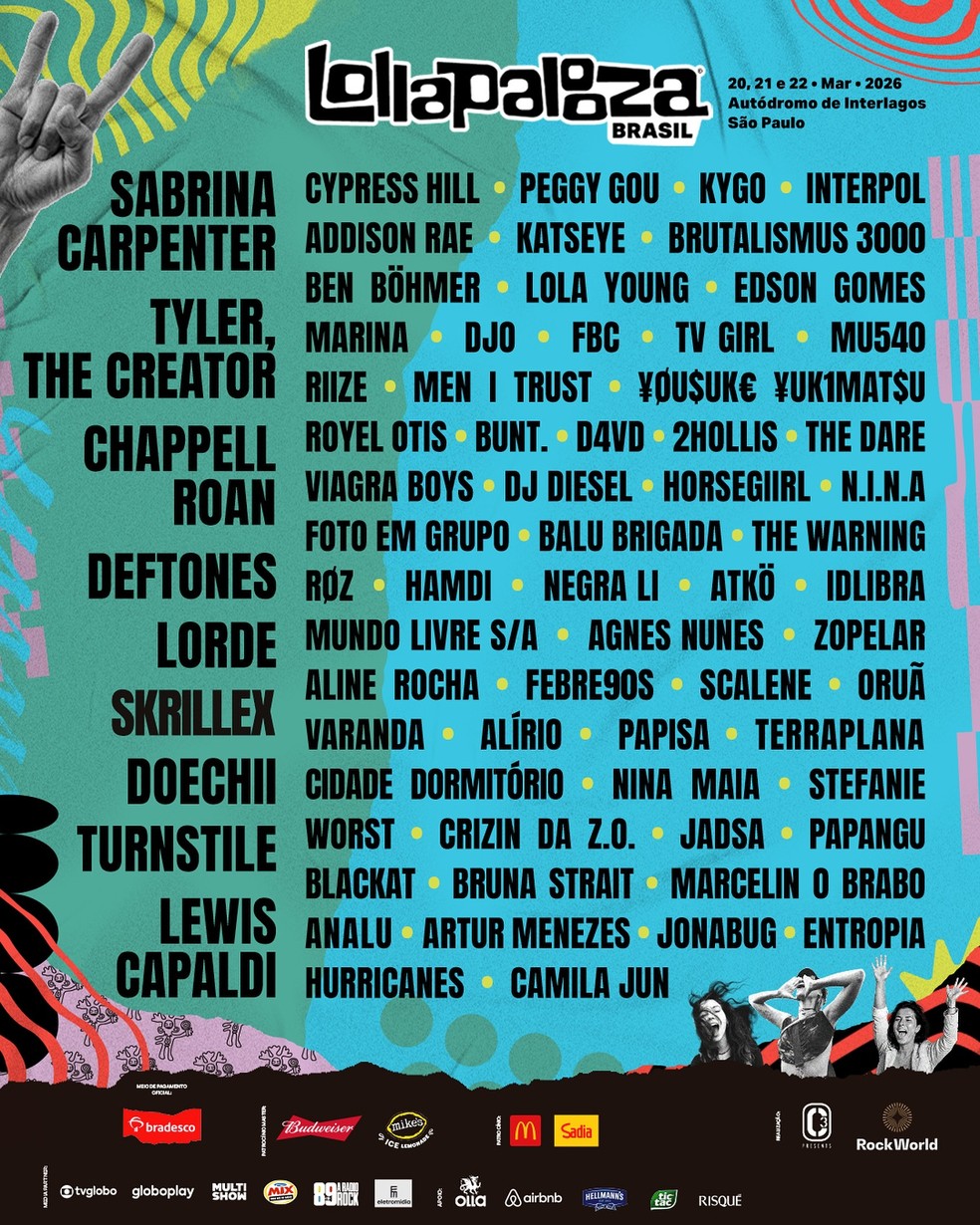 Lollapalooza 2026 divulga line-up com Sabrina Carpenter, Lorde, Tyler, The  Creator e mais; confira!