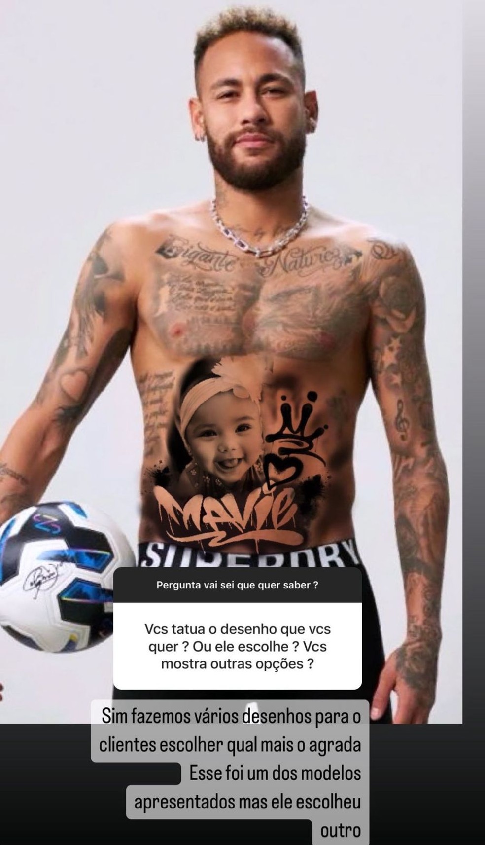 Neymar đã phác thảo một thiết kế khuôn mặt của con gái mình, nhưng đã chọn một loại hình xăm khác - Ảnh: Reproduction / Instagram