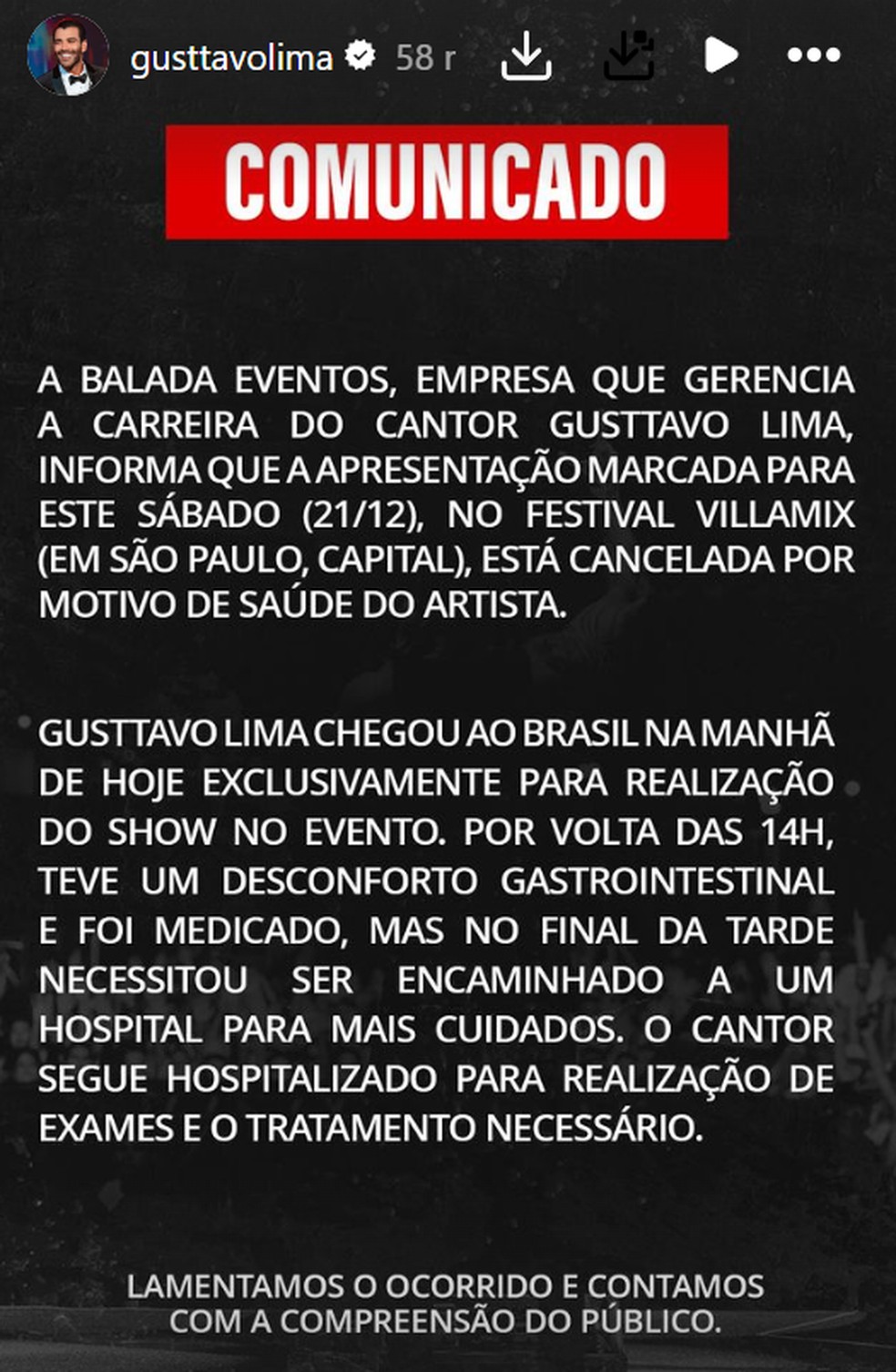 Gusttavo Lima é internado e cancela show no Villa Mix — Foto: Reprodução/Instagram