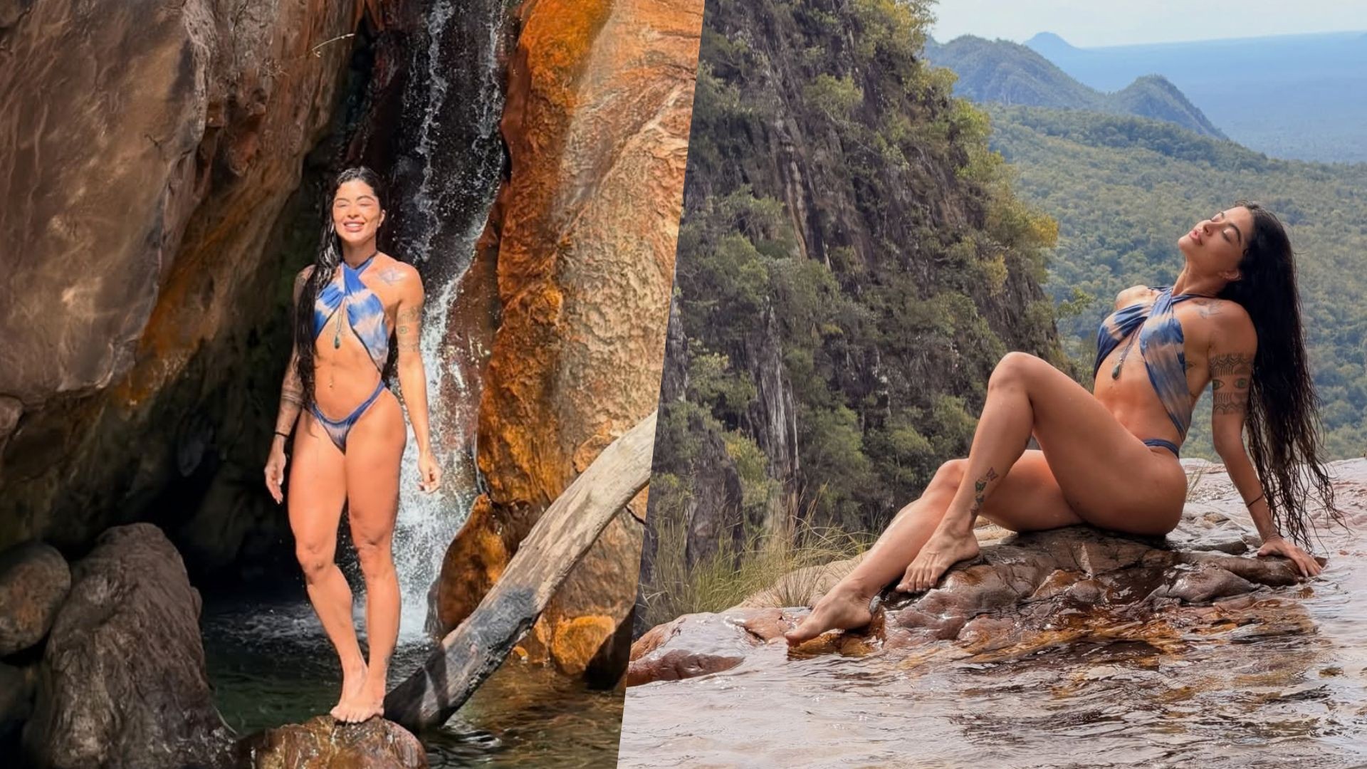 Aline Campos aposta em maiô cavado e exibe corpão durante banho de cachoeira; veja fotos