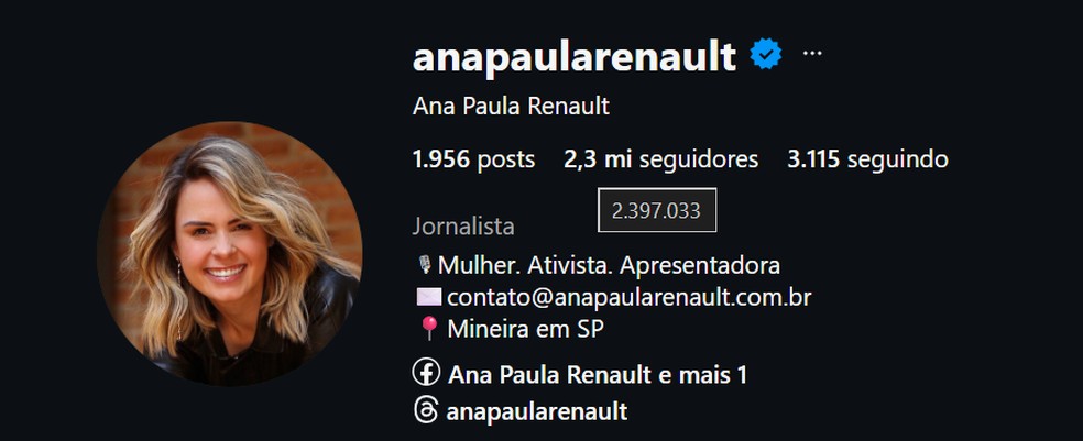 Veja quantos seguidores Ana Paula Renault tinha ao ser anunciada no BBB 26 — Foto: reprodução/Instagram