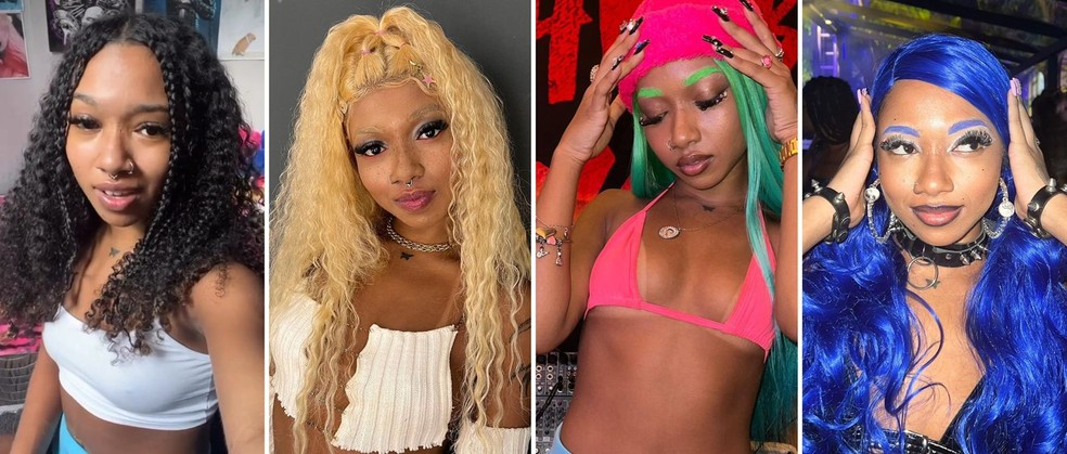 Na esquerda, Slipmami com seu cabelo natural; ao lado, com várias laces. Rapper é apaixonada por perucas — Foto: Reprodução/Instagram