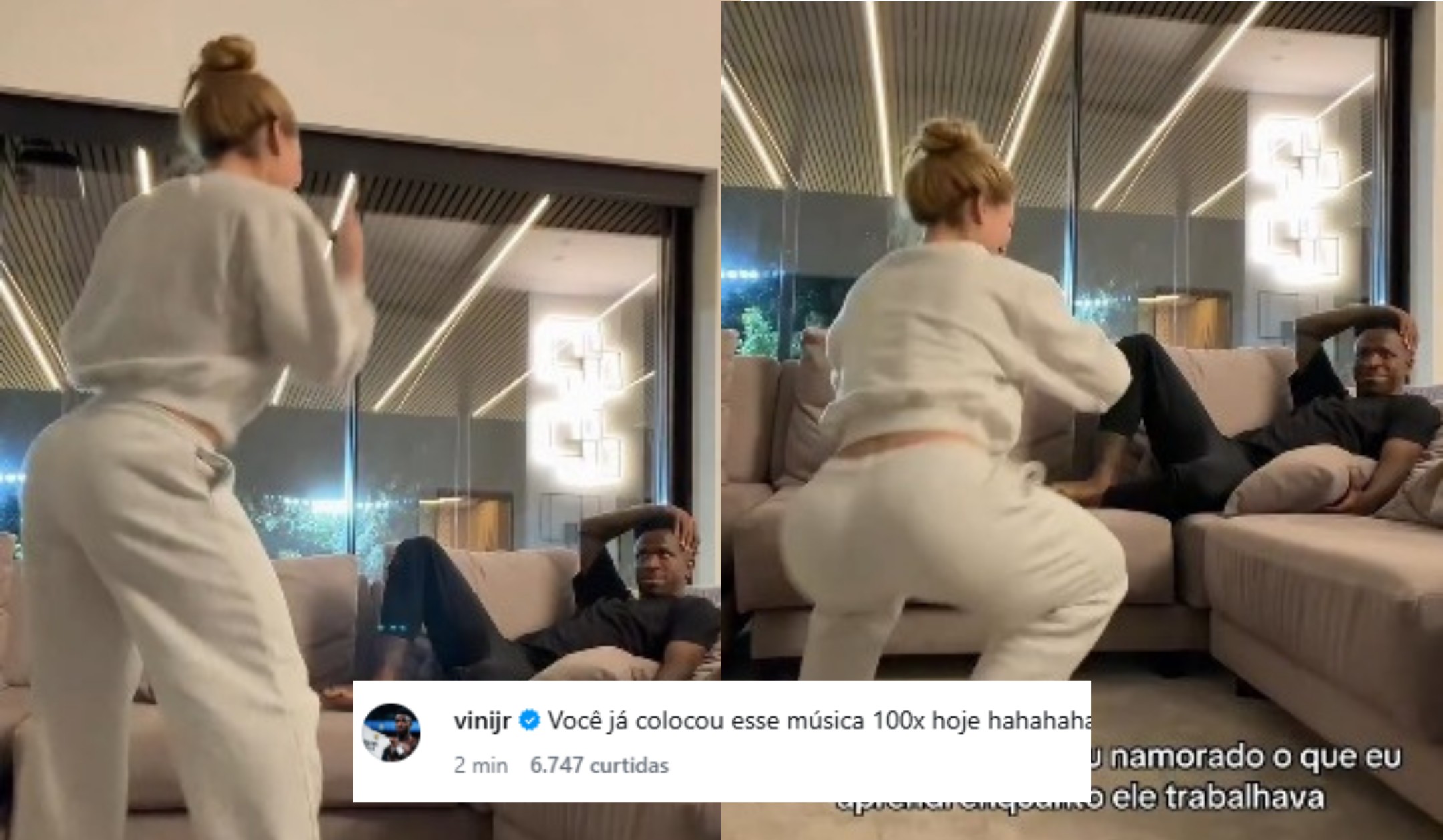 Em Madri, Virginia segue trend e ensina a Vini Jr. a coreografia do pagode feito em sua homenagem