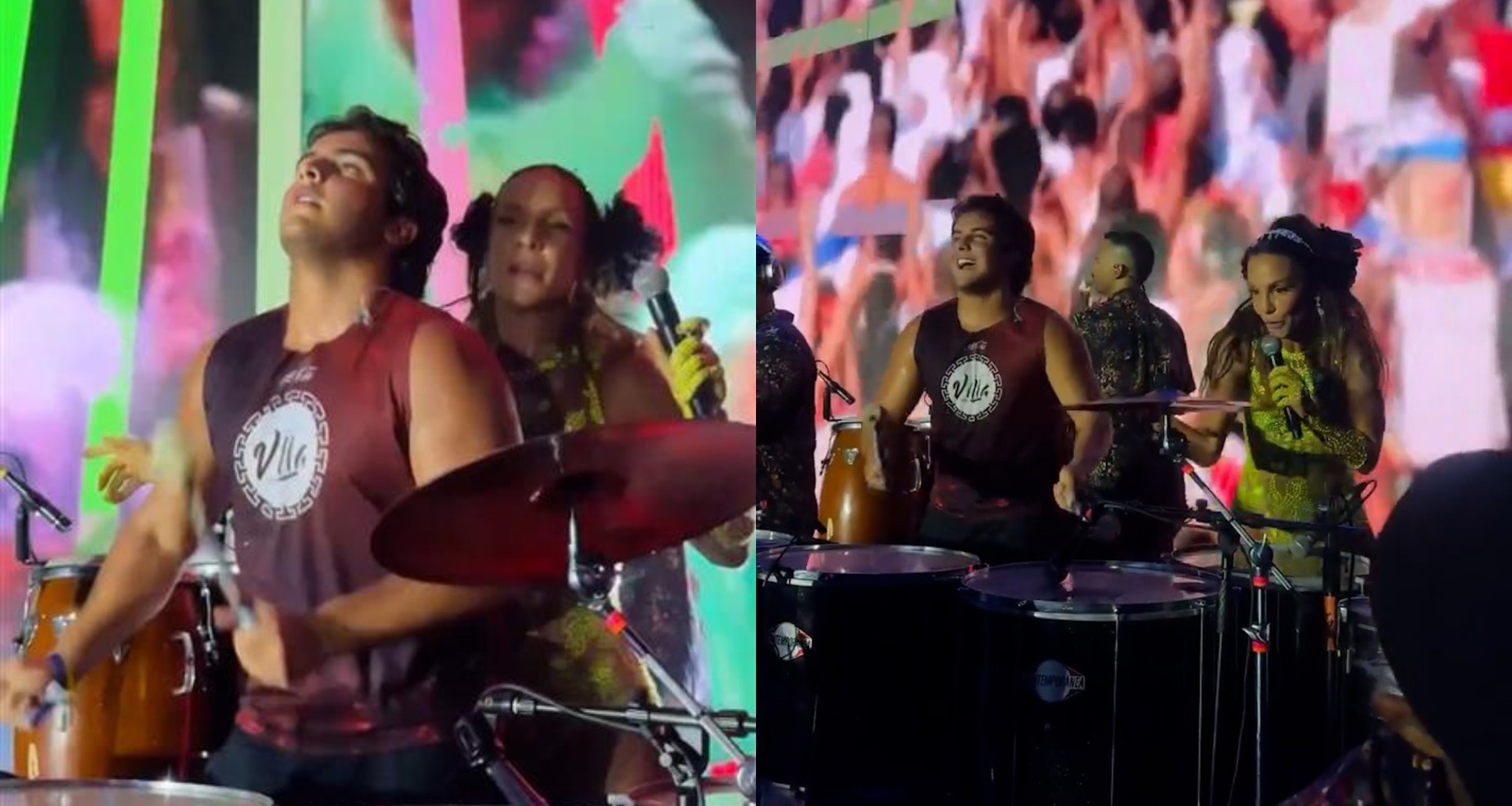 Ivete Sangalo e o filho, Marcelo, se jogam na percussão durante Carnaval em Salvador