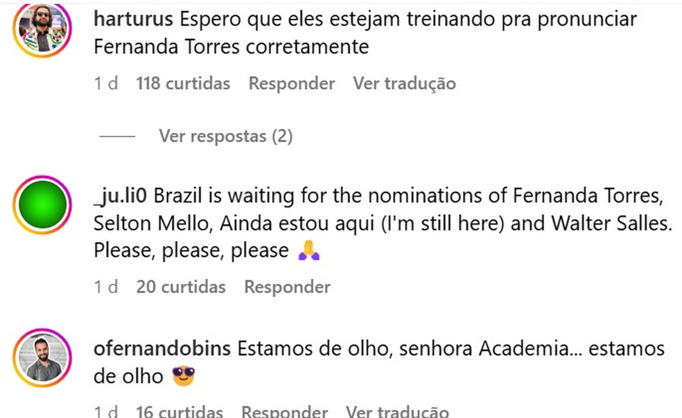 Brasileiros cobram indicações para 'Ainda Estou Aqui' e Fernanda Torres no Oscar 2025 — Foto: Instagram