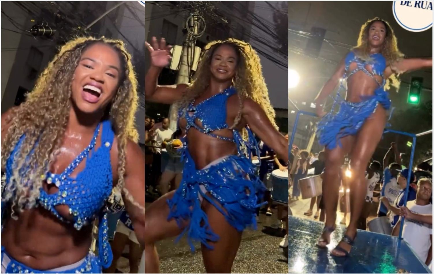 Bianca Monteiro, rainha da Portela, samba na chuva durante ensaio da escola no Rio