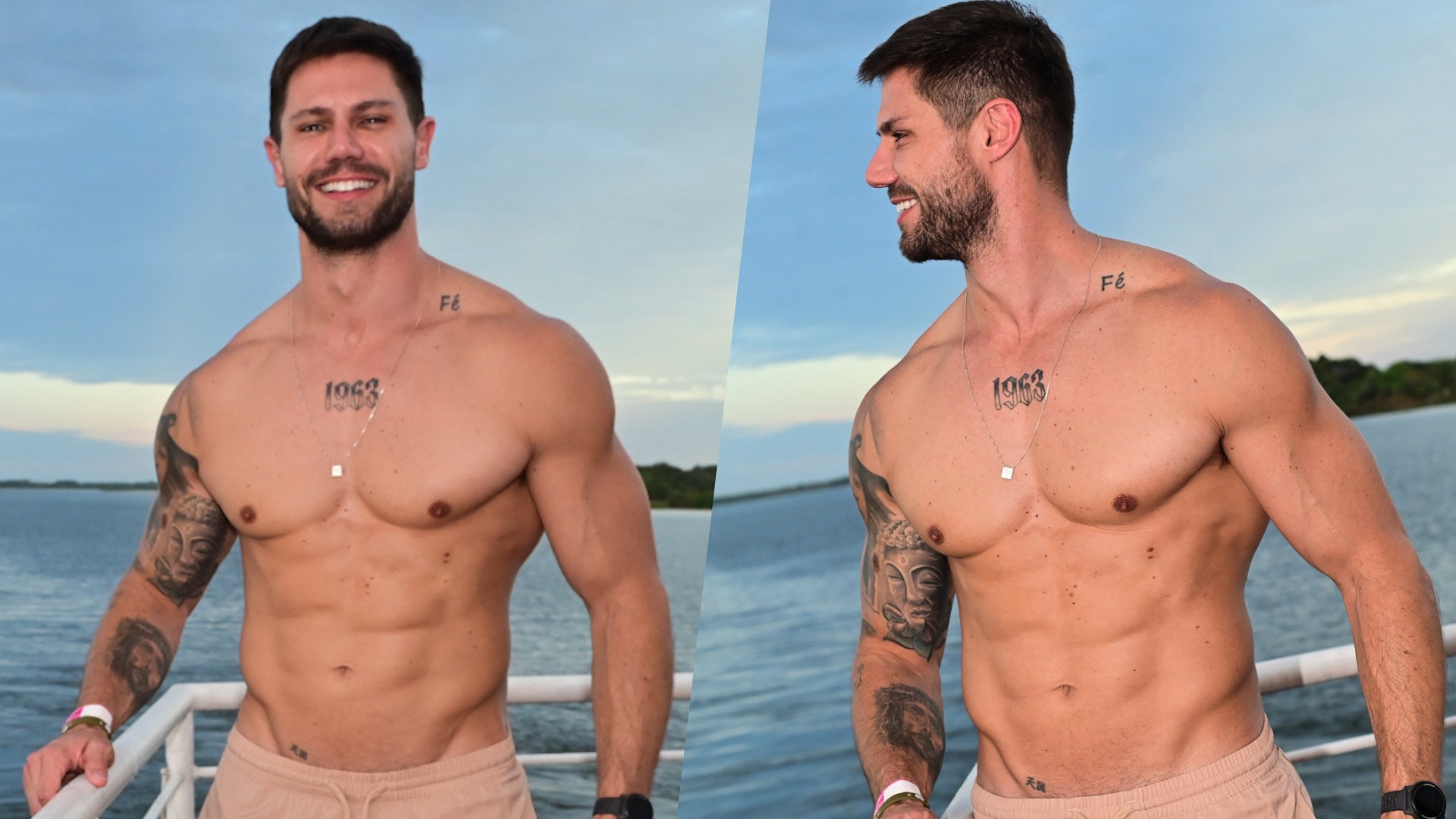 Jonas Sulzbach exibe abdômen trincado em passeio de barco pelo Rio Tocantins