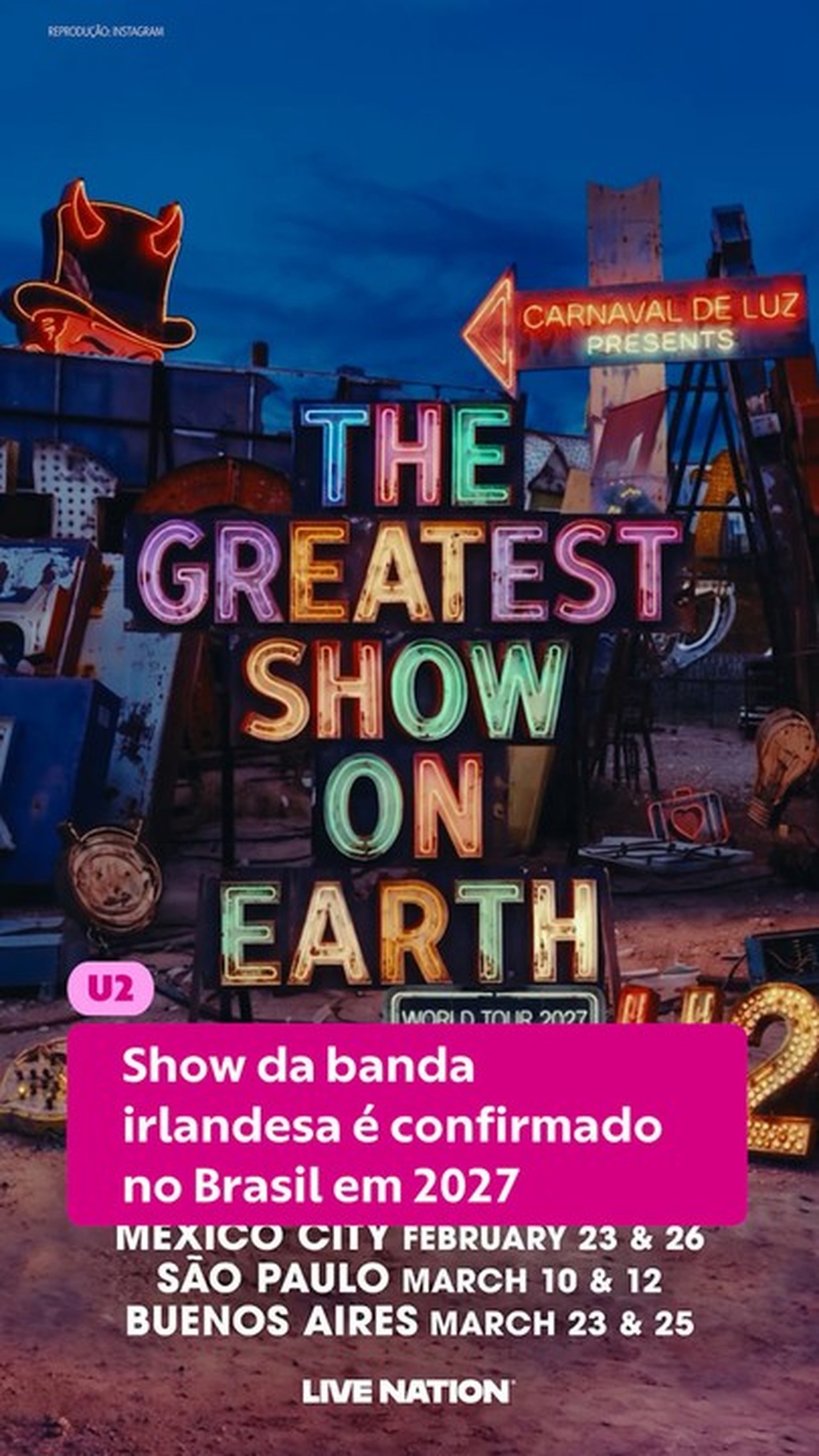 Imagem ilustrativa sobre U2 confirma dois shows em São Paulo para março de 2027 e ingressos chegam a R$ 3 mil