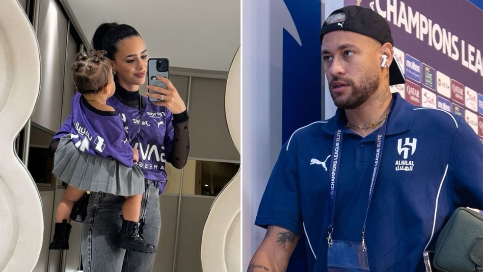 Bruna Biancardi e Mavie vestem uniforme de clube de Neymar para acompanhar  partida do craque