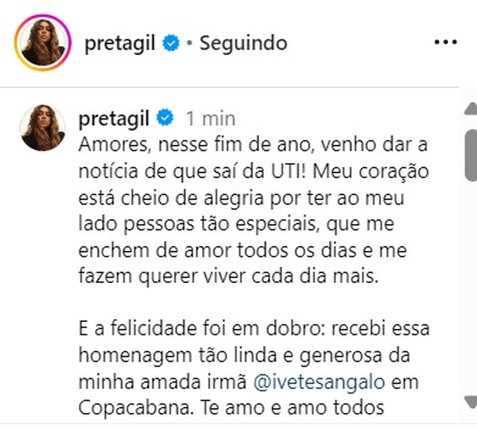 Preta Gil informa em suas redes que saiu da UTI — Foto: Reprodução/Instagram