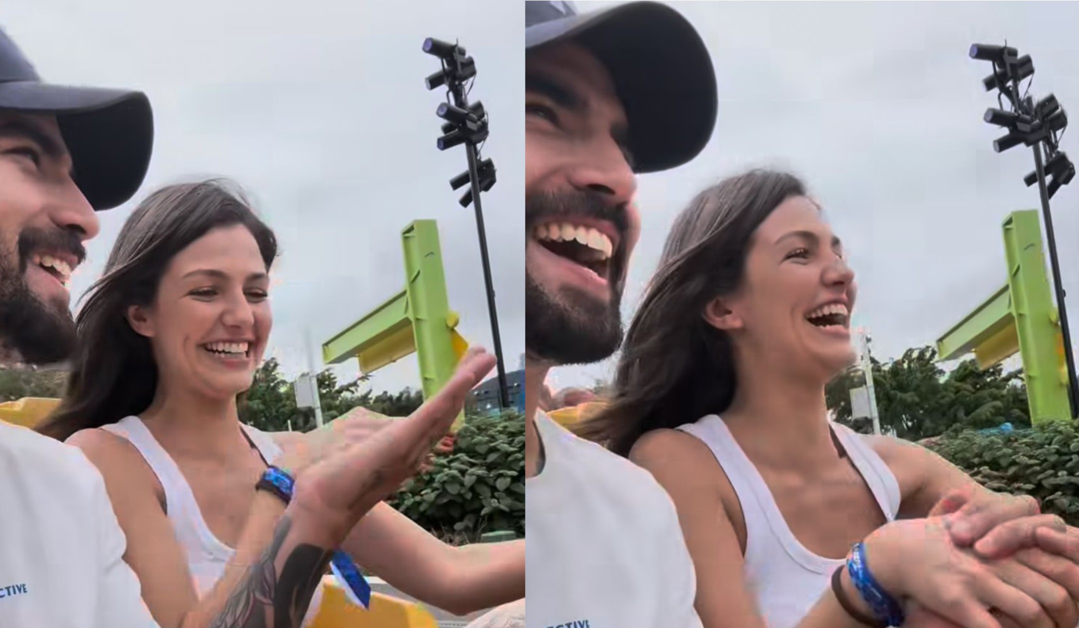 Caio Castro e Vitória Bohn se divertem na inauguração de novo brinquedo em parque de diversões