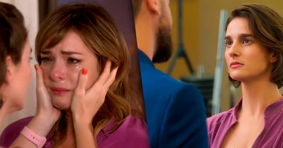 Clara chora, e Theo discute com Helena em Vai na Fé — Foto: Globo