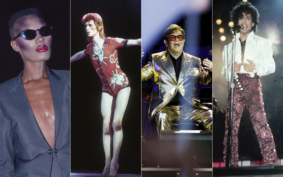 Grace Jones, David Bowie, Elton John e Prince — Foto: Sonia Moskowitz/Debi Doss/Hulton Archive/Ross Marino/Getty Images/REUTERS/Jason Cairnduff