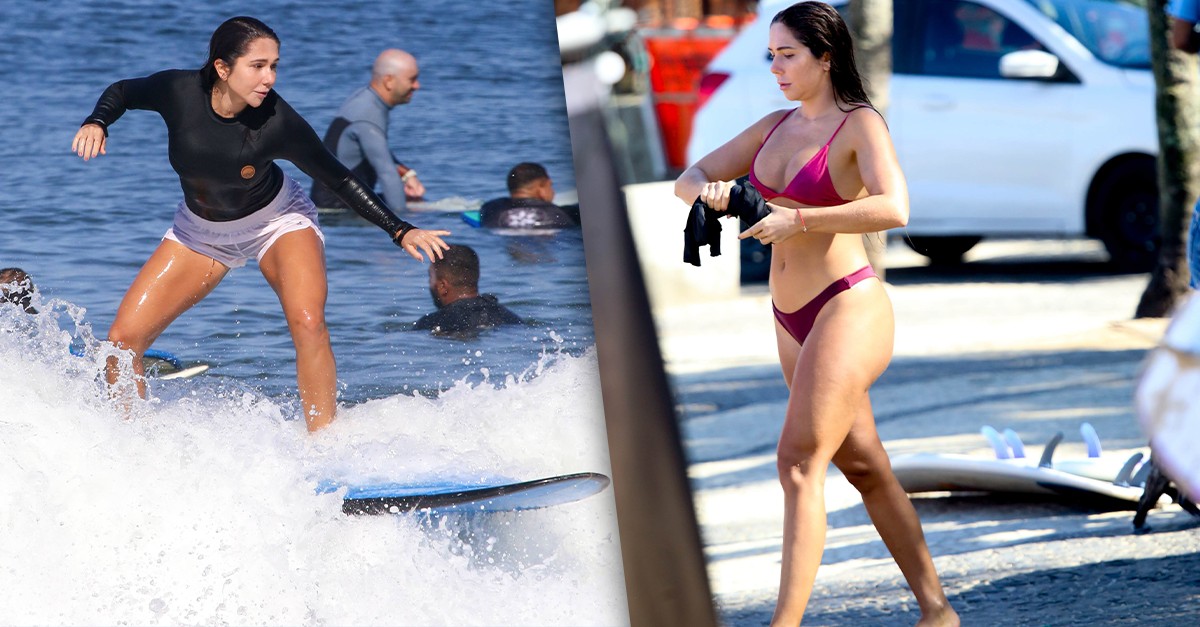 Carol Portaluppi mostra habilidade no surfe em dia de praia no Rio