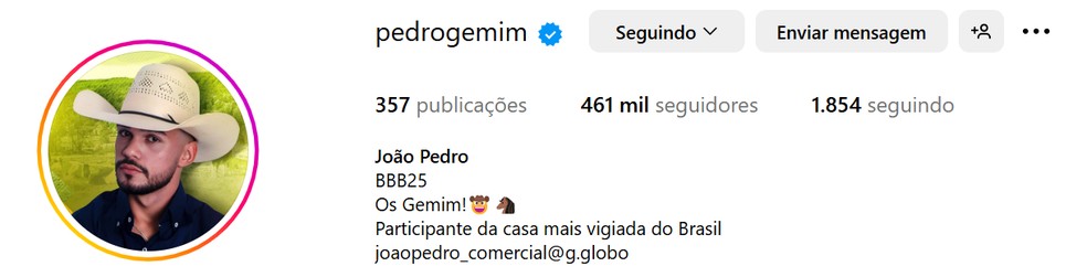 Perfil de João Pedro após 2 meses de programa — Foto: Reprodução / Instagram