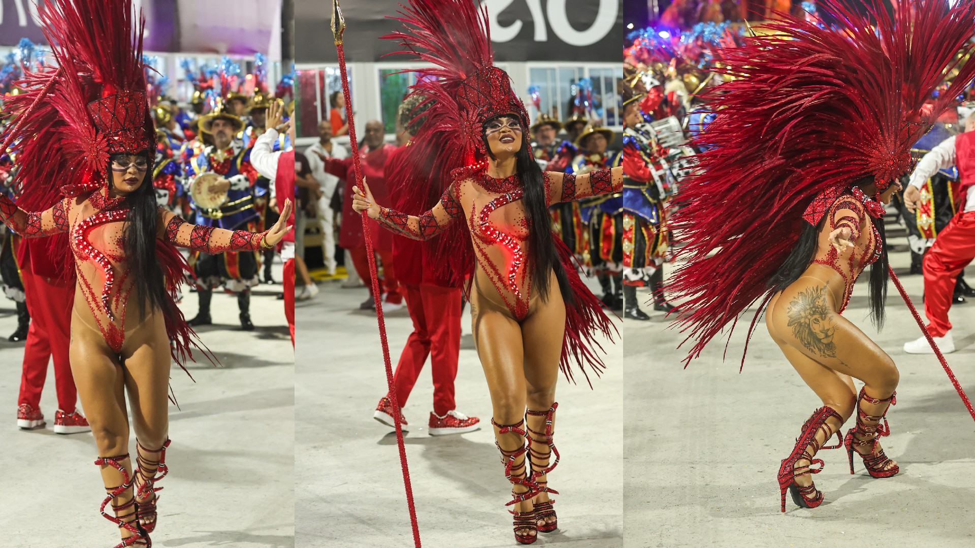 Rainha da UPM, Andressa Marinho usa figurino diminuto e fala de preparação para desfilar: ‘Proteção espiritual’