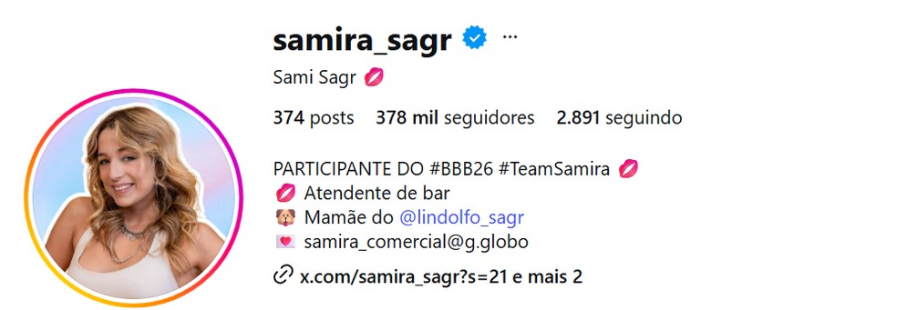 Veja quantos seguidores tem Samira, do BBB 26, atualmente — Foto: reprodução/Instagram