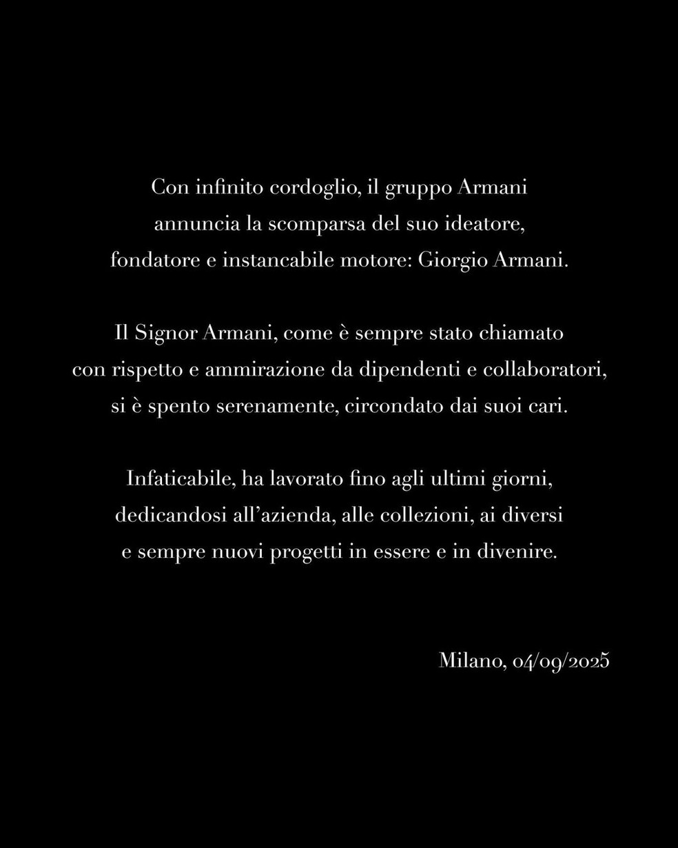 Comunicado da morte de Giorgio Armani — Foto: Reprodução/Redes sociais