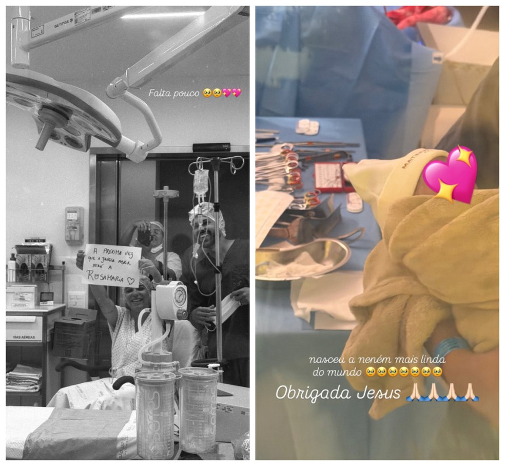 Keyt Alves registra a irmã, Key Alves, antes do parto, e depois o detalhe da touca da sobrinha Rosamaria — Foto: Reprodução/Instagram