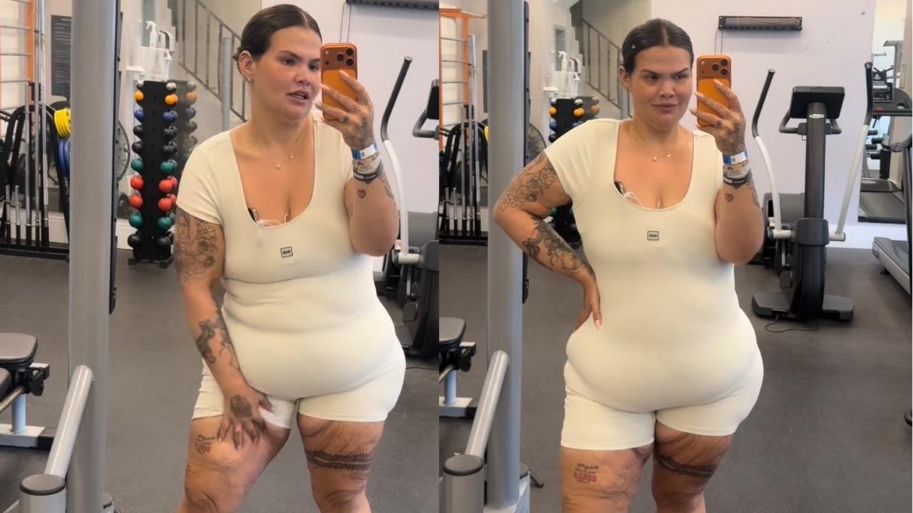 Após perder 100 kg, Thais Carla treina com look justo e avisa: 'Uso meu short curto mesmo, faz parte do processo'