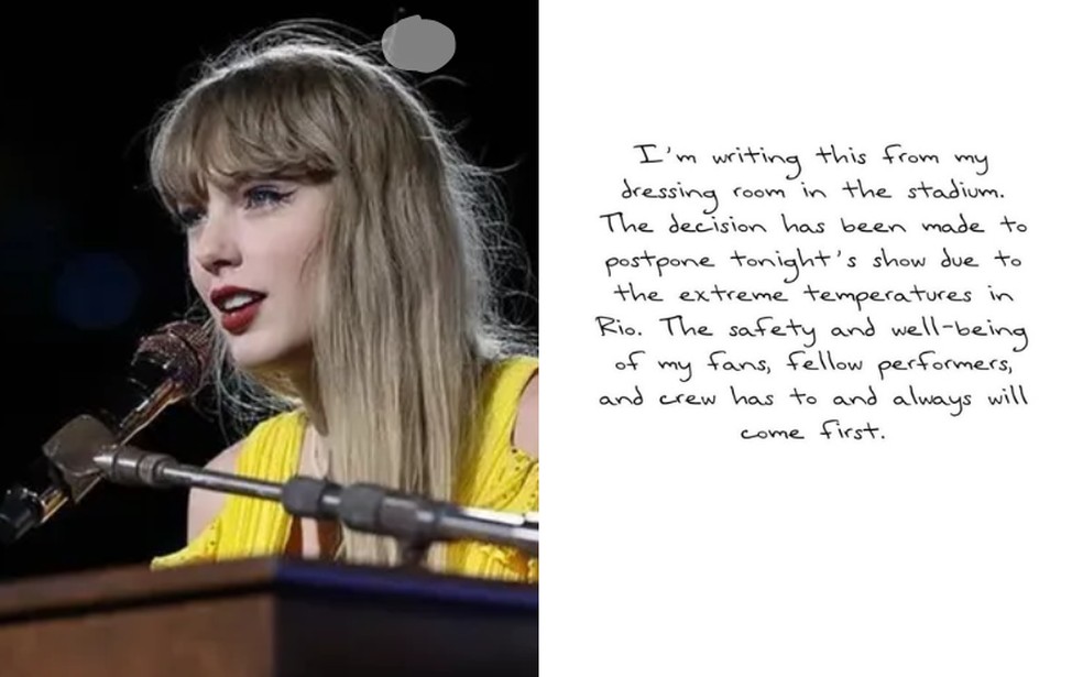 Taylor Swift comunicou em suas redes que adiria o show — Foto: Reprodução