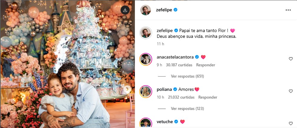 Ana Castela reage a foto de Zé Felipe e Maria Flor — Foto: Reprodução/Instagram