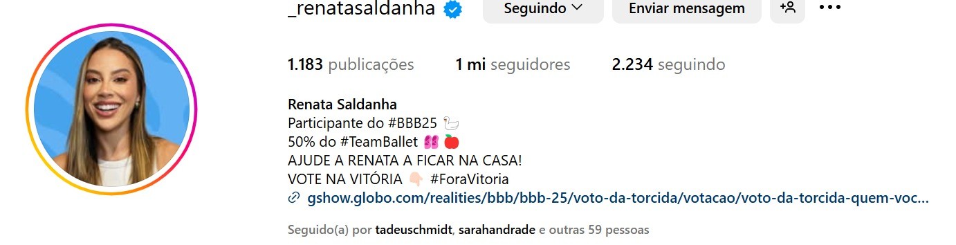 Renata, do BBB 25, conquista 1 milhão de seguidores