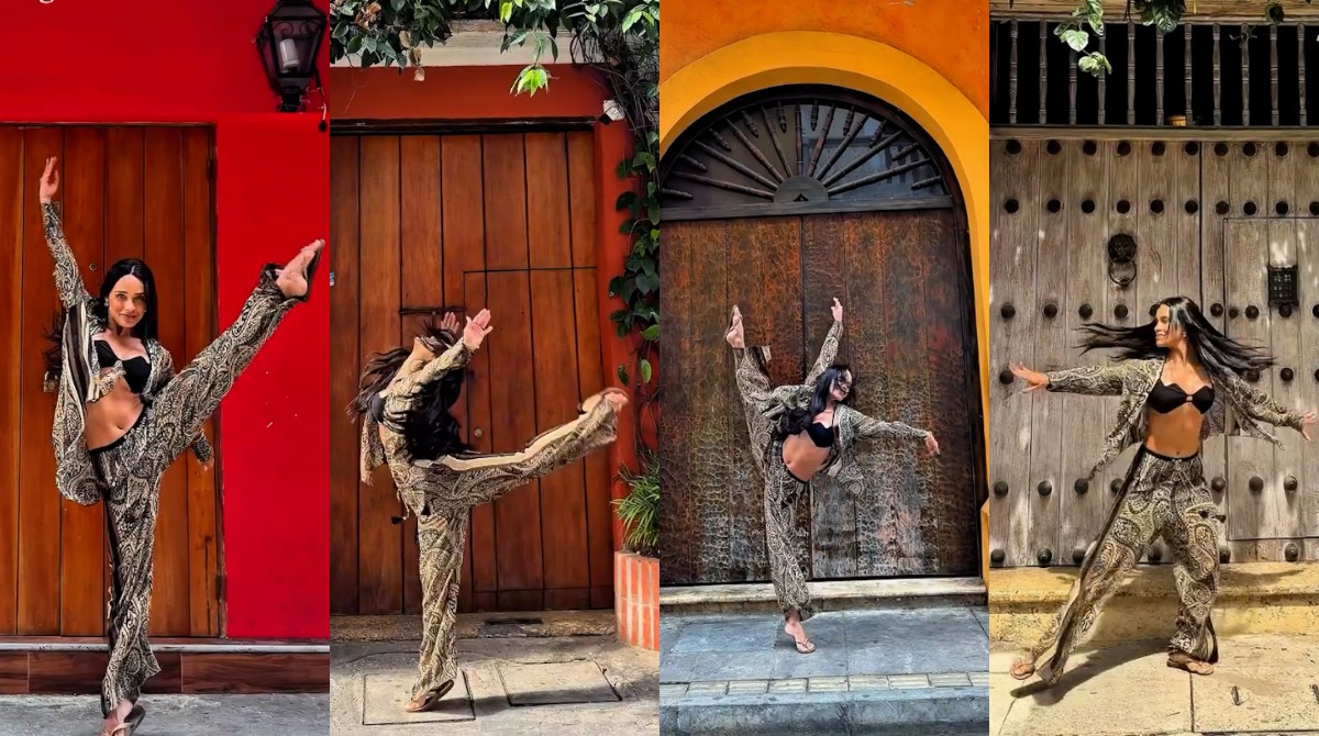 Ex-BBB Eva Pacheco dança em portas icônicas de Cartagena, na Colômbia