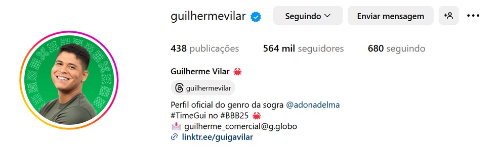 Perfil de Guilherme após 2 meses de programa — Foto: Reprodução / Instagram