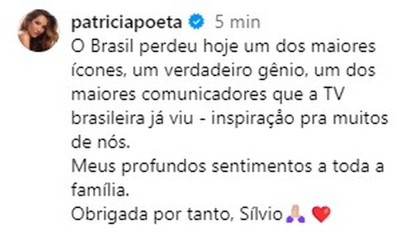 Patricia Poeta lamenta morte de Silvio Santos — Foto: Reprodução / Instagram