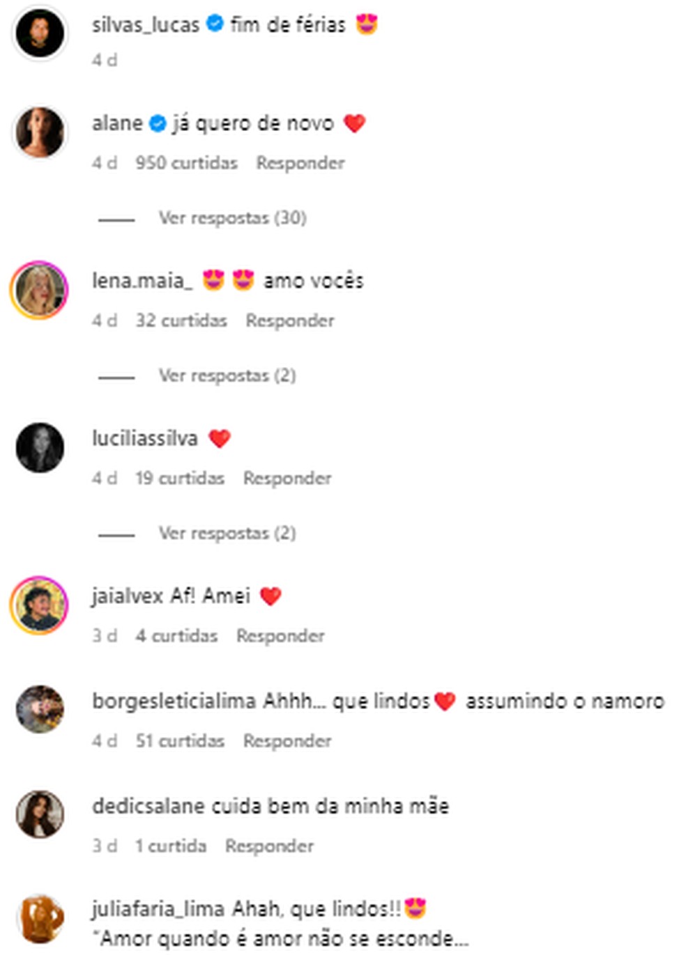 Internautas comentam romance de Alane e Lucas Silva — Foto: reprodução