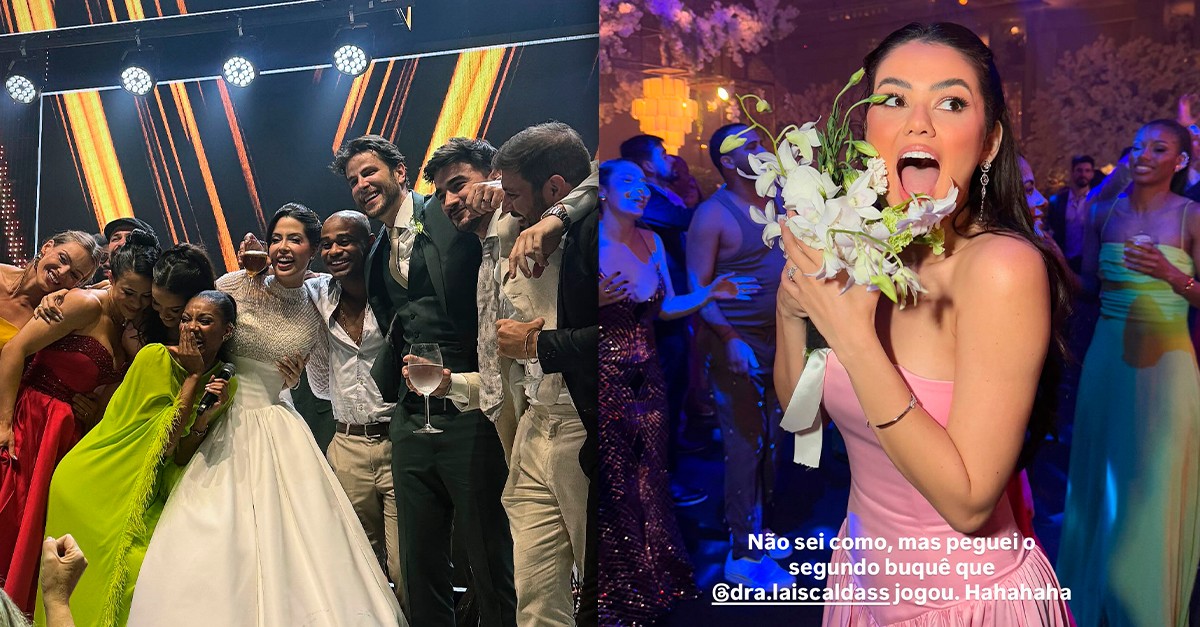 Ex-BBBs se reúnem em casamento de Laís e Gustavo, cantam hit do reality e Eslovênia ainda pega o buquê; veja!