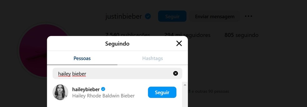 Justin Bieber está seguindo Hailey no Instagram — Foto: Instagram