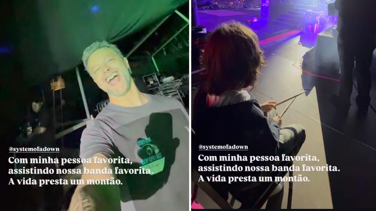 Lucas Lima mostra o filho com Sandy vidrado em show de System Of A Down
