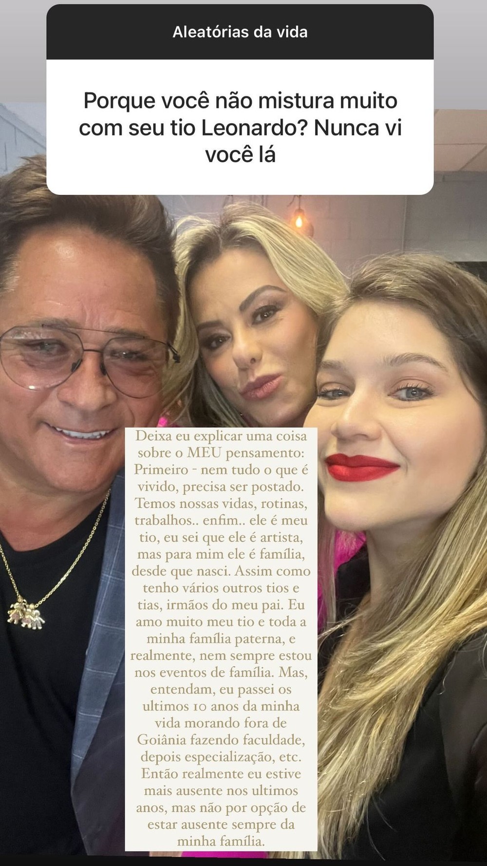 Lyandra Costa, filha de Leandro, se pronunciou sobre os rumores de desavenças entre a família