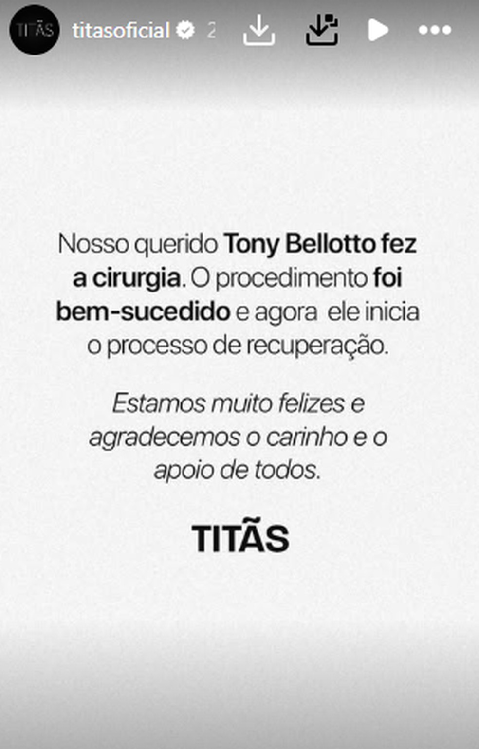 Tony Bellotto passou por cirurgia — Foto: Reprodução/Instagram